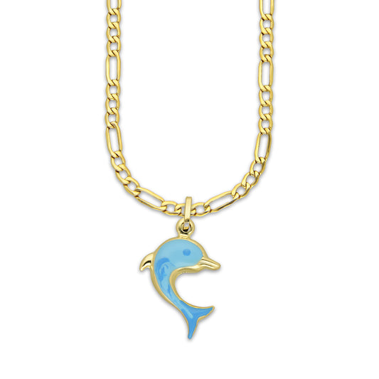 MR14DP087 Cadena Oro Sólido 10K + Dije Oro Sólido 14K EM Delfin Ópalo Azul 1.5 cm x 2.7 cm