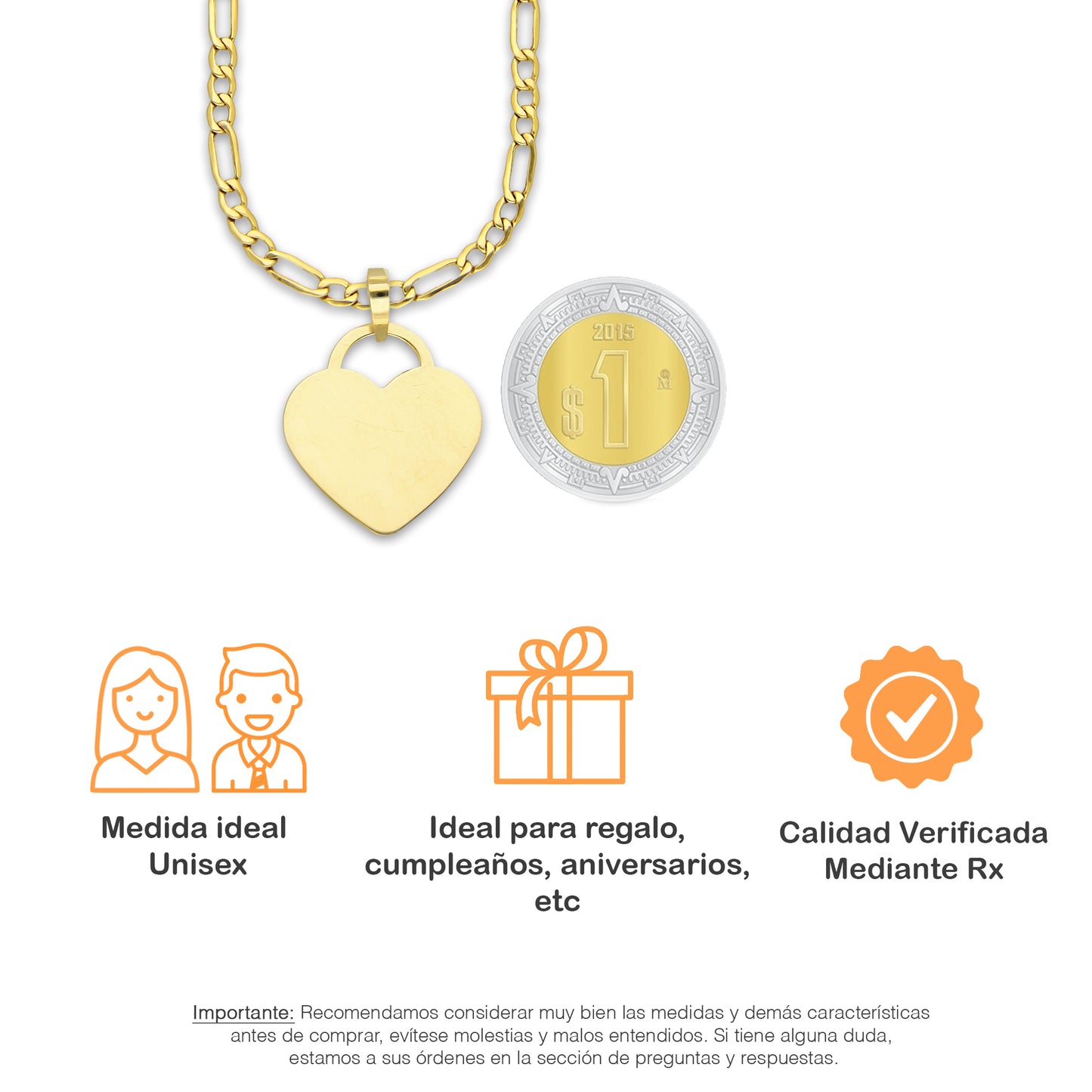 MR14DP089 Cadena Oro Sólido 10K + Dije Oro Sólido 14K EM Corazón Plano Liso 1.8 cm x 2.5 cm