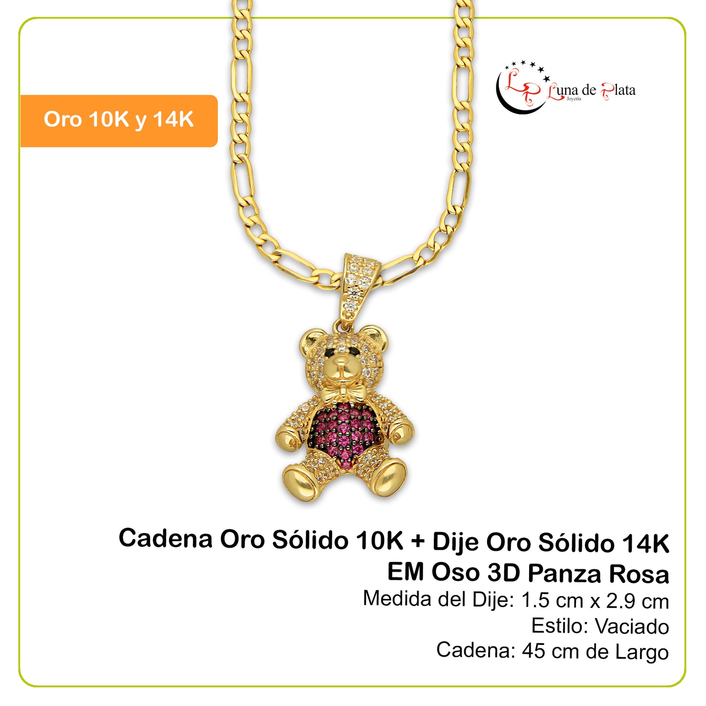 MR14DP090 Cadena Oro Sólido 10K + Dije Oro Sólido 14K EM Oso 3D Panza Rosa 1.5 cm x 2.9 cm