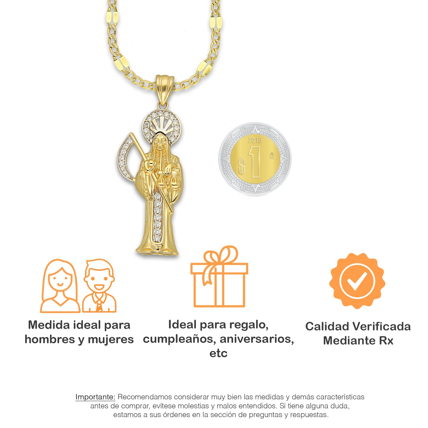 MR14DP098 Cadena Caballero Oro Sólido 10K + Dije Oro Sólido 14K EM Santa Muerte con Zirconia 1.8 cm x 5.1 cm