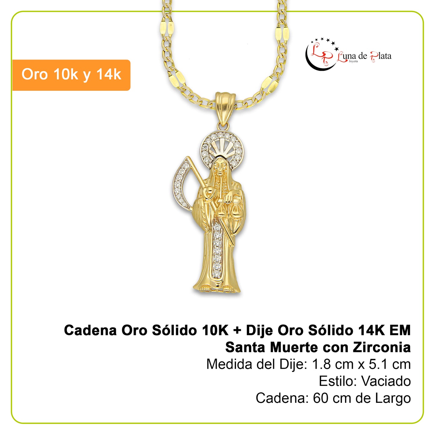 MR14DP098 Cadena Caballero Oro Sólido 10K + Dije Oro Sólido 14K EM Santa Muerte con Zirconia 1.8 cm x 5.1 cm