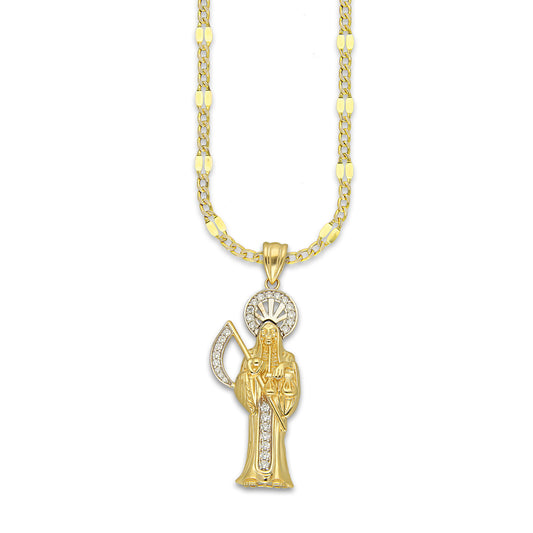 MR14DP098 Cadena Caballero Oro Sólido 10K + Dije Oro Sólido 14K EM Santa Muerte con Zirconia 1.8 cm x 5.1 cm