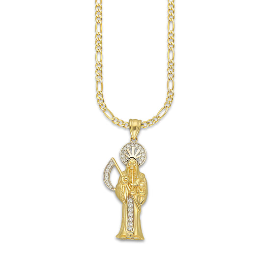 MR14DP100 Cadena Dama Oro Sólido 10K + Dije Oro Sólido 14K EM Santa Muerte con Zirconia 1.8 cm x 5.1 cm