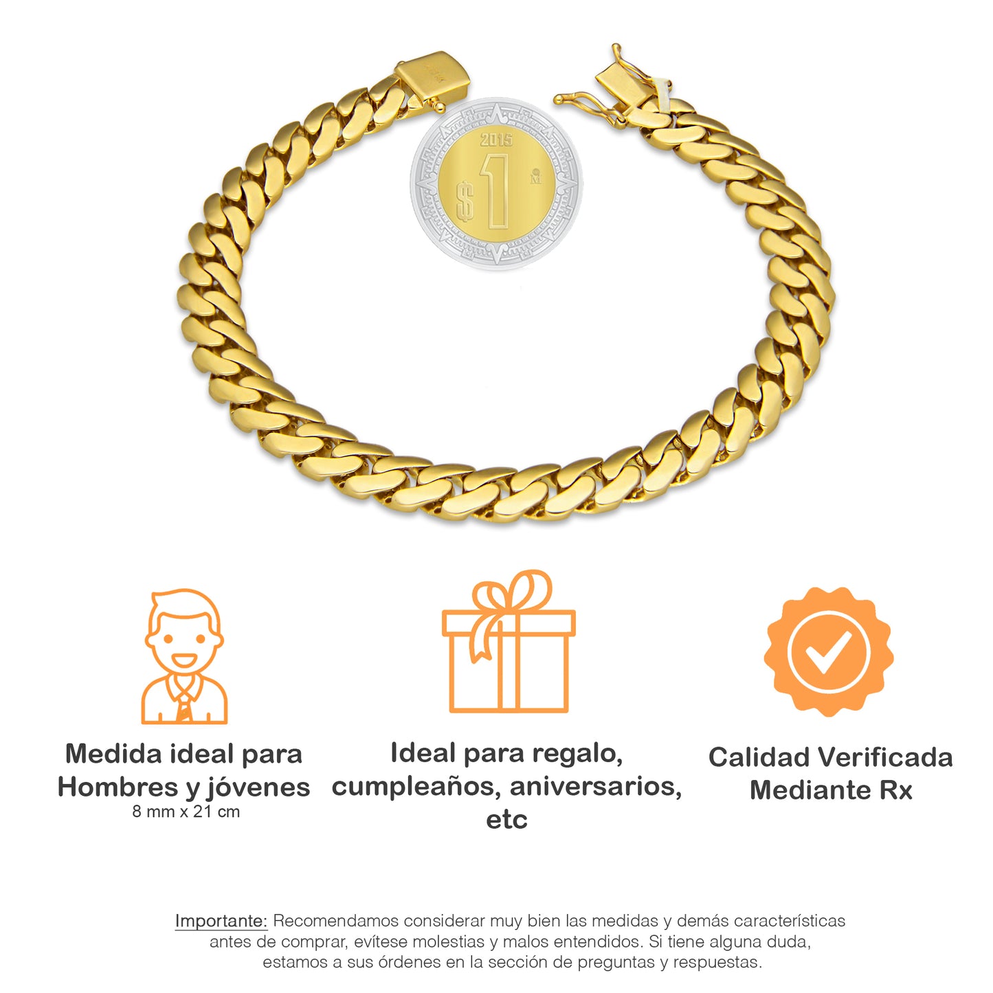 MR14PC069 Pulsera Para Caballero Oro Sólido 14K EMF14 Modelo Cubana 8 mm x 21 cm