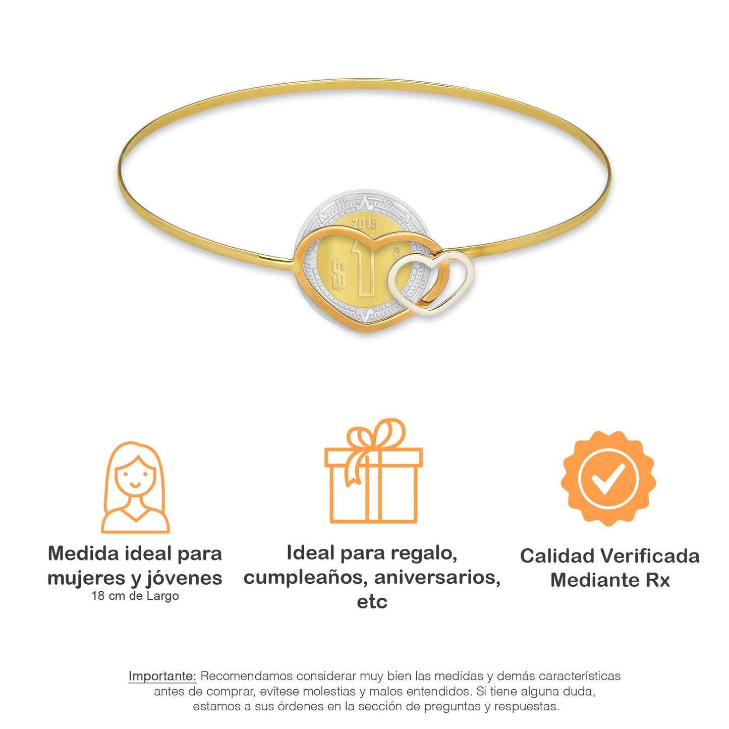 MR14PD090 Pulsera Dama Oro Sólido 14K Aro Corazones Duo Súper Ligero 18 cm