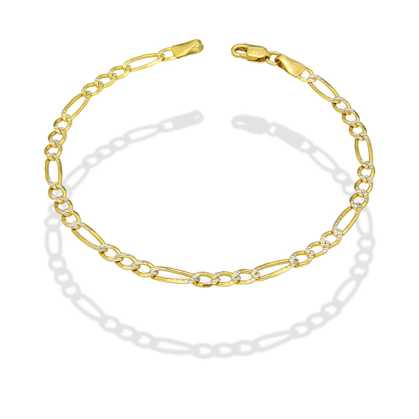 MR14PD108 Pulsera Dama Oro Sólido 14K Mod Fígaro 3*1 Diamantada 3.5 mm x 18 cm