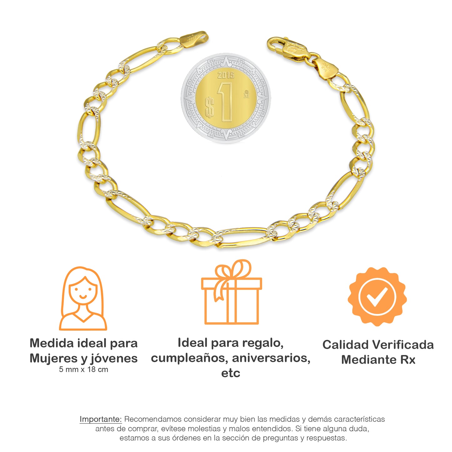 MR14PD109 Pulsera Dama Oro Sólido 14K Mod Fígaro 3*1 Diamantada 5 mm x 18 cm