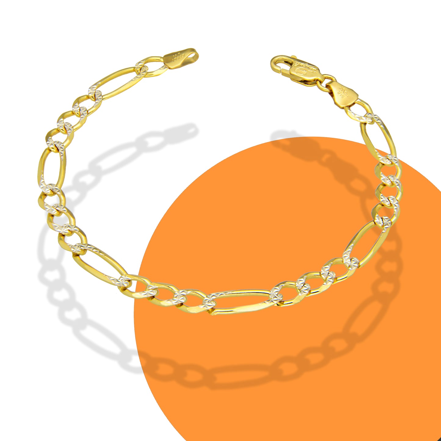 MR14PD109 Pulsera Dama Oro Sólido 14K Mod Fígaro 3*1 Diamantada 5 mm x 18 cm
