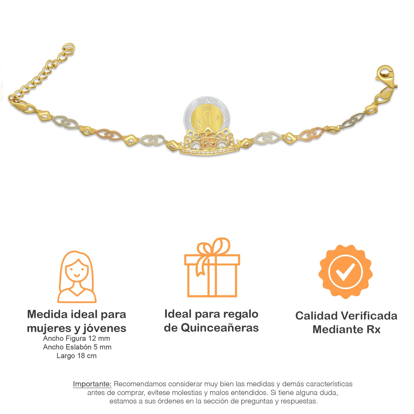 MR14PD121 Pulsera Esclava Dama Oro Sólido 14K Mod XV Años Corona Eslabones Corazón Diamantados Florentino Ancho Figura 12 mm, Ancho Eslabón 5 mm x 18 cm