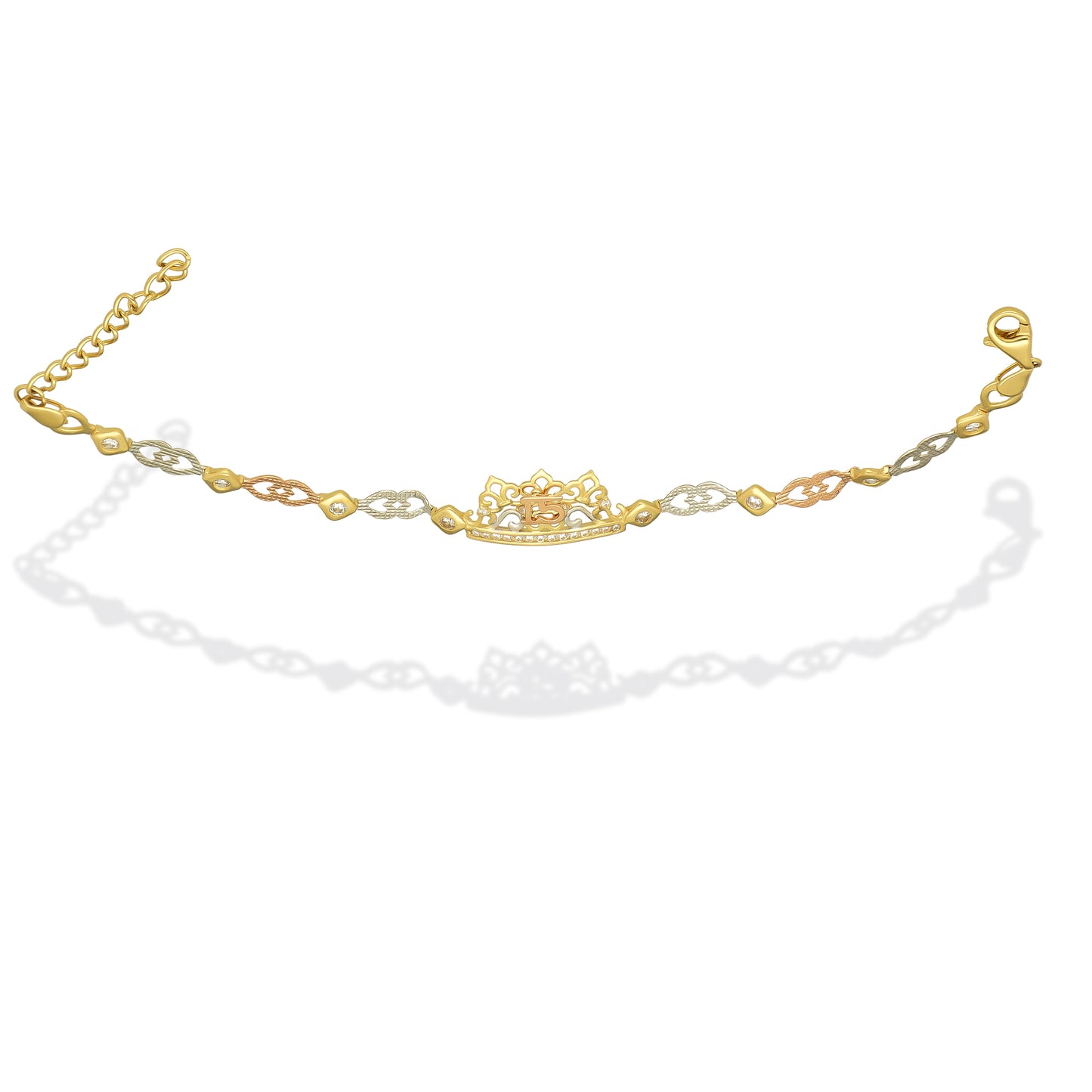 MR14PD121 Pulsera Esclava Dama Oro Sólido 14K Mod XV Años Corona Eslabones Corazón Diamantados Florentino Ancho Figura 12 mm, Ancho Eslabón 5 mm x 18 cm