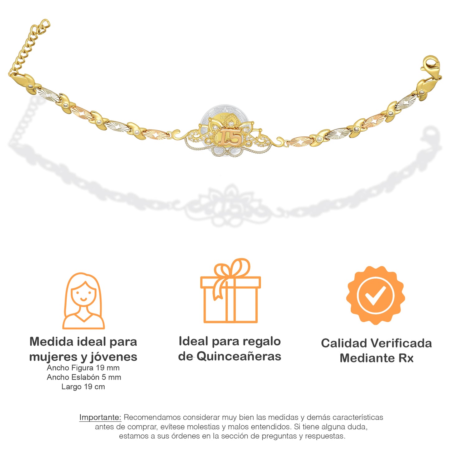 MR14PD122 Pulsera Esclava Dama Oro Sólido 14K Mod XV Años Ornamento Filigrana con Zirconias Ancho Figura 19 mm, Ancho Eslabón 5 mm x 19 cm