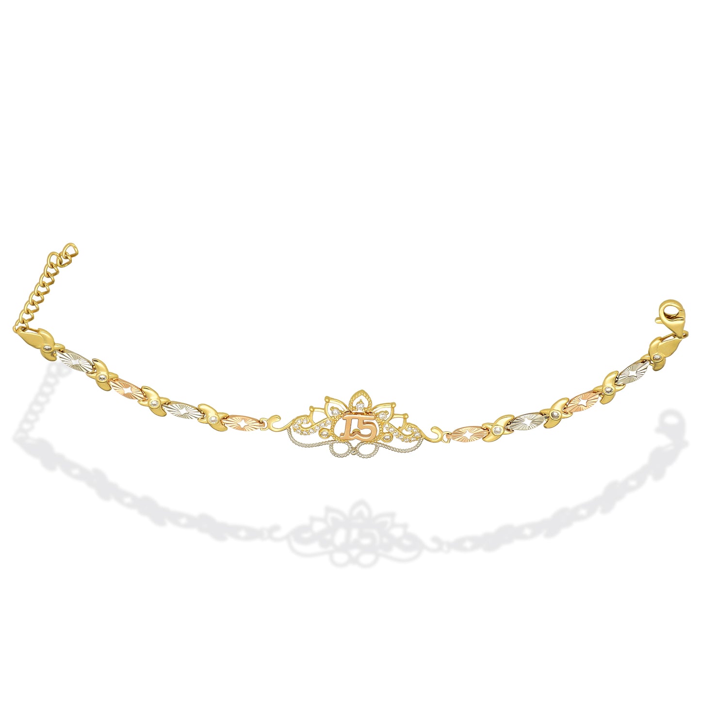 MR14PD122 Pulsera Esclava Dama Oro Sólido 14K Mod XV Años Ornamento Filigrana con Zirconias Ancho Figura 19 mm, Ancho Eslabón 5 mm x 19 cm