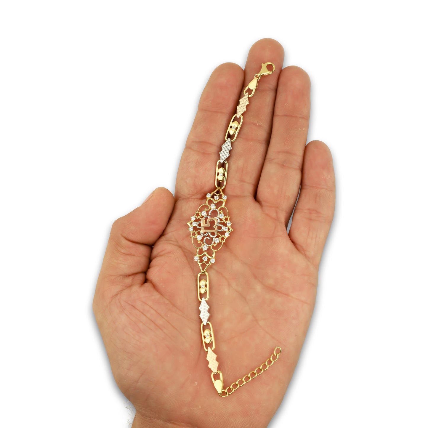 MR14PD125 Pulsera Esclava Dama Oro Sólido 14K Mod XV Años Ornamento Espejo 3 Oros Ancho FIgura 19 mm, Ancho Eslabón 5 mm x 18 cm