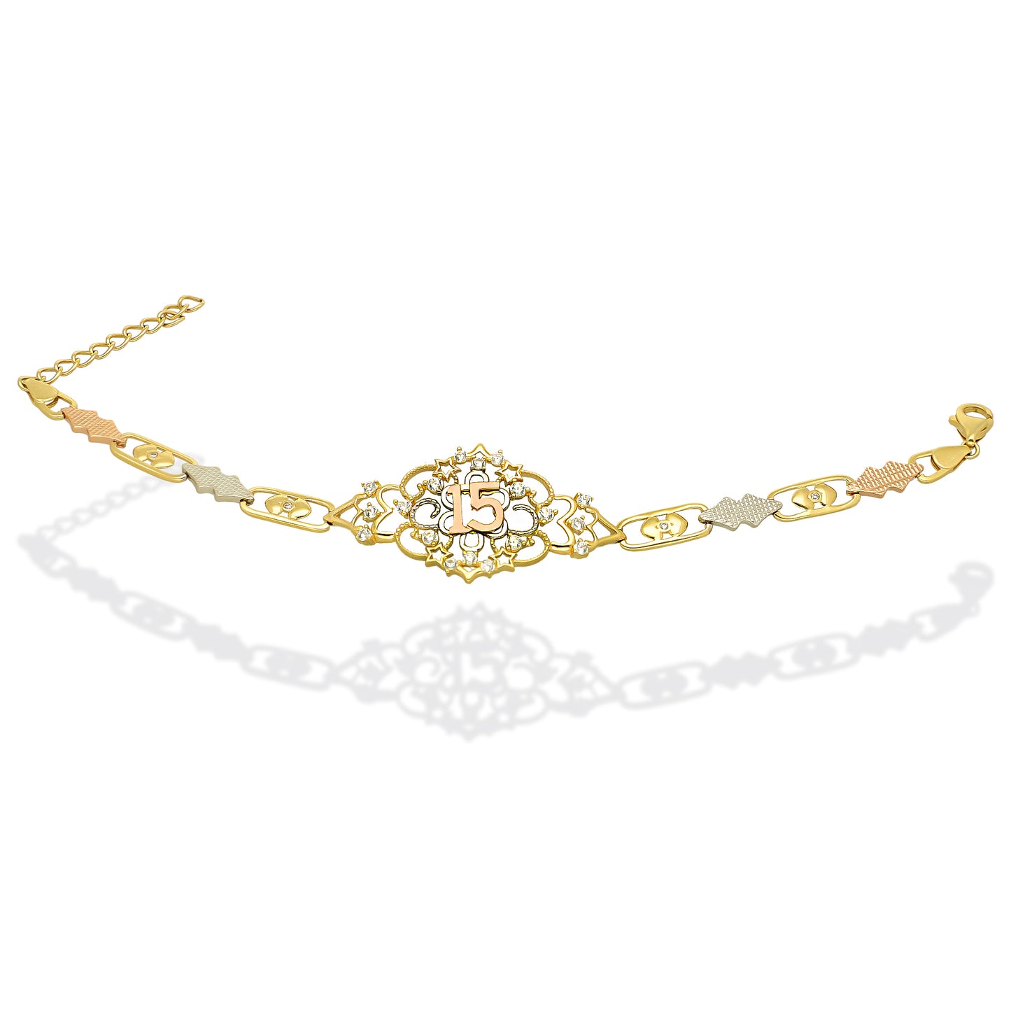 MR14PD125 Pulsera Esclava Dama Oro Sólido 14K Mod XV Años Ornamento Espejo 3 Oros Ancho FIgura 19 mm, Ancho Eslabón 5 mm x 18 cm