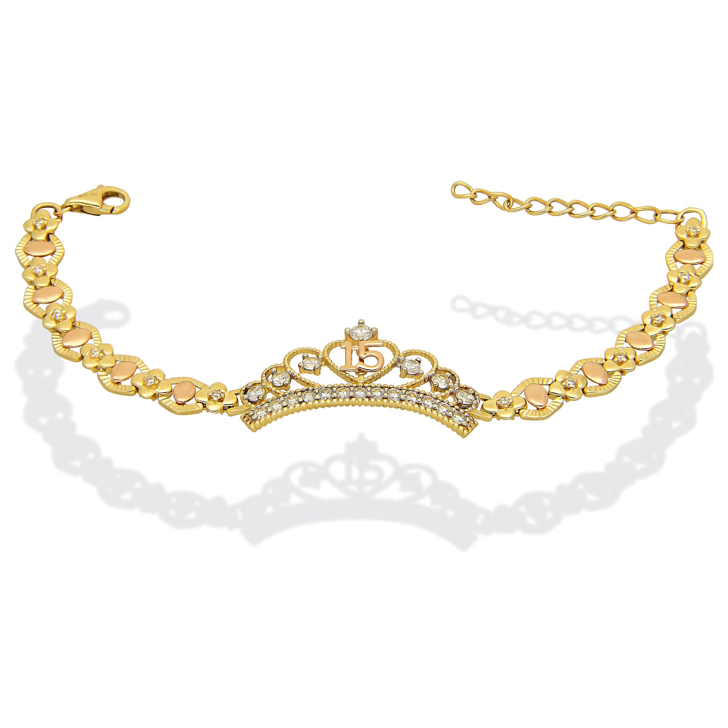 MR14PD126 Pulsera Esclava Dama Oro Sólido 14K Mod XV Años Corona Grande 7 Zirconias Ancho Figura 17 mm, Ancho Eslabón 7 mm x 18 cm