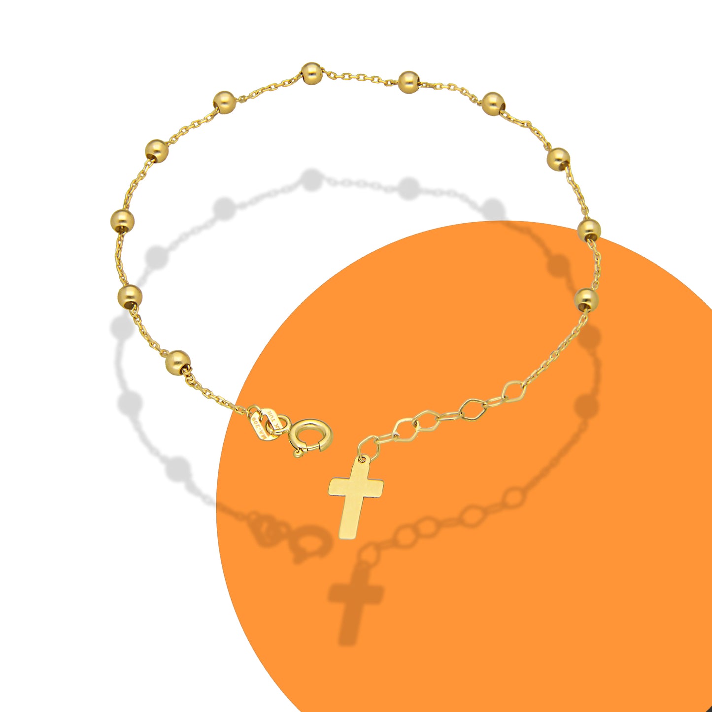 MR14PD127 Pulsera Decenario Oro Sólido 14K EMF14 Bolitas Lisa 2 mm Ajustable de 17 a 18.5 cm Cruz Lisa