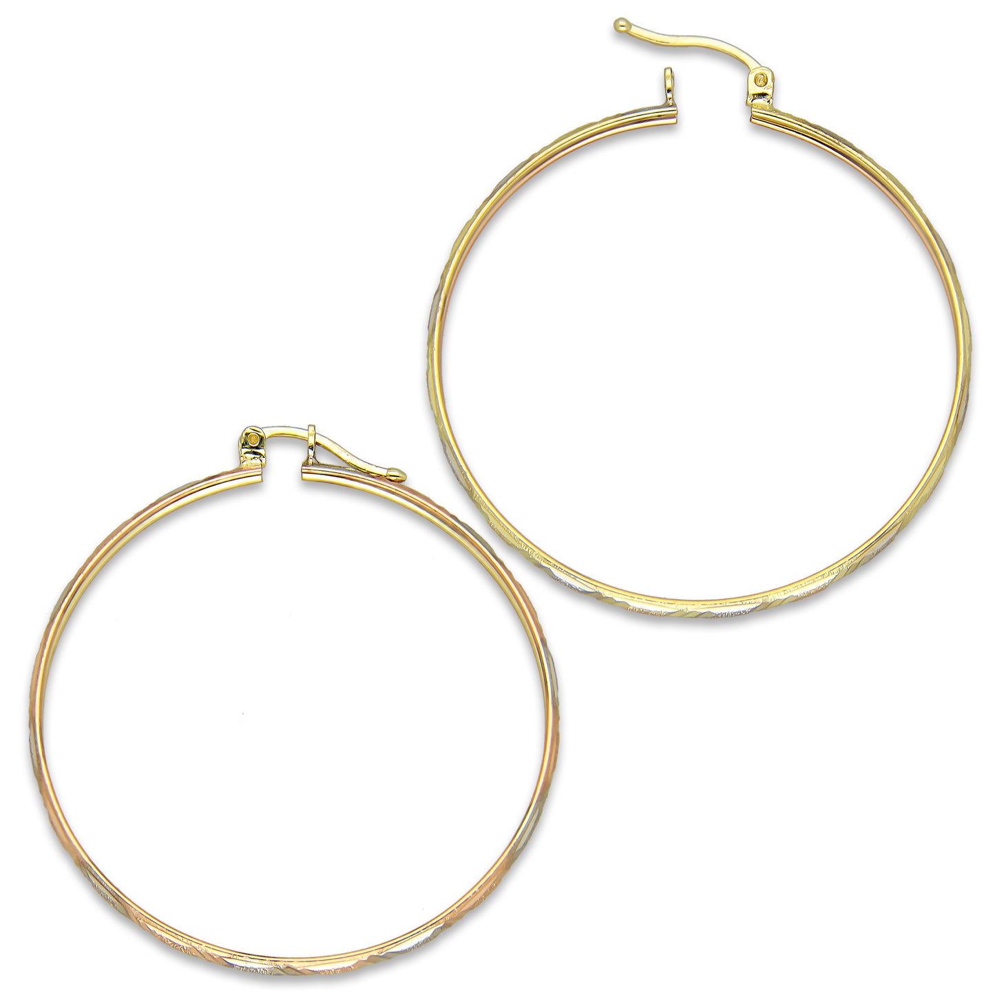 NR14AR007 Arete Arracada Oro Sólido 14K Florentino Diamantado Ancho 3 mm DIámetro 4.2 cm