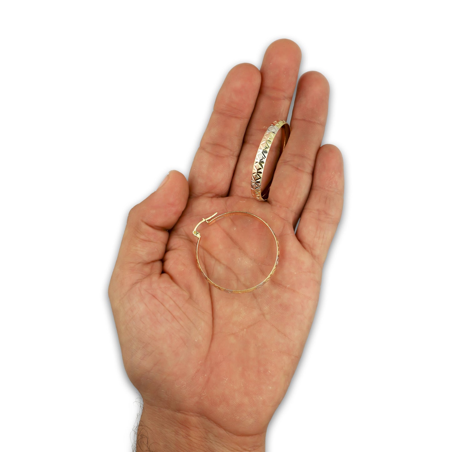 NR14AR014 Arete Arracada Oro Sólido 14K Florentino Diamantado Ancho 4.5 mm DIámetro 3.5 cm