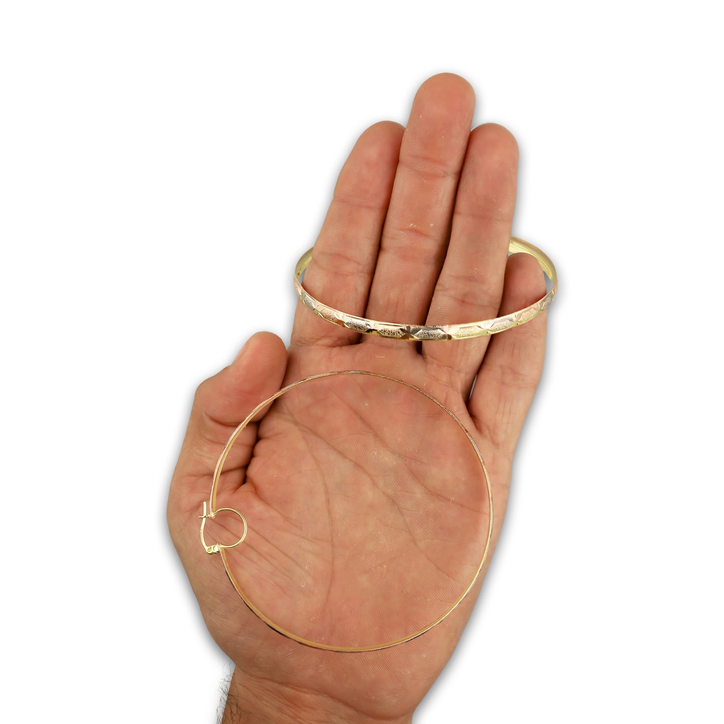 NR14AR020 Arete Arracada Oro Sólido 14K Florentino Diamantado Ancho 4.5 mm DIámetro 7.3 cm