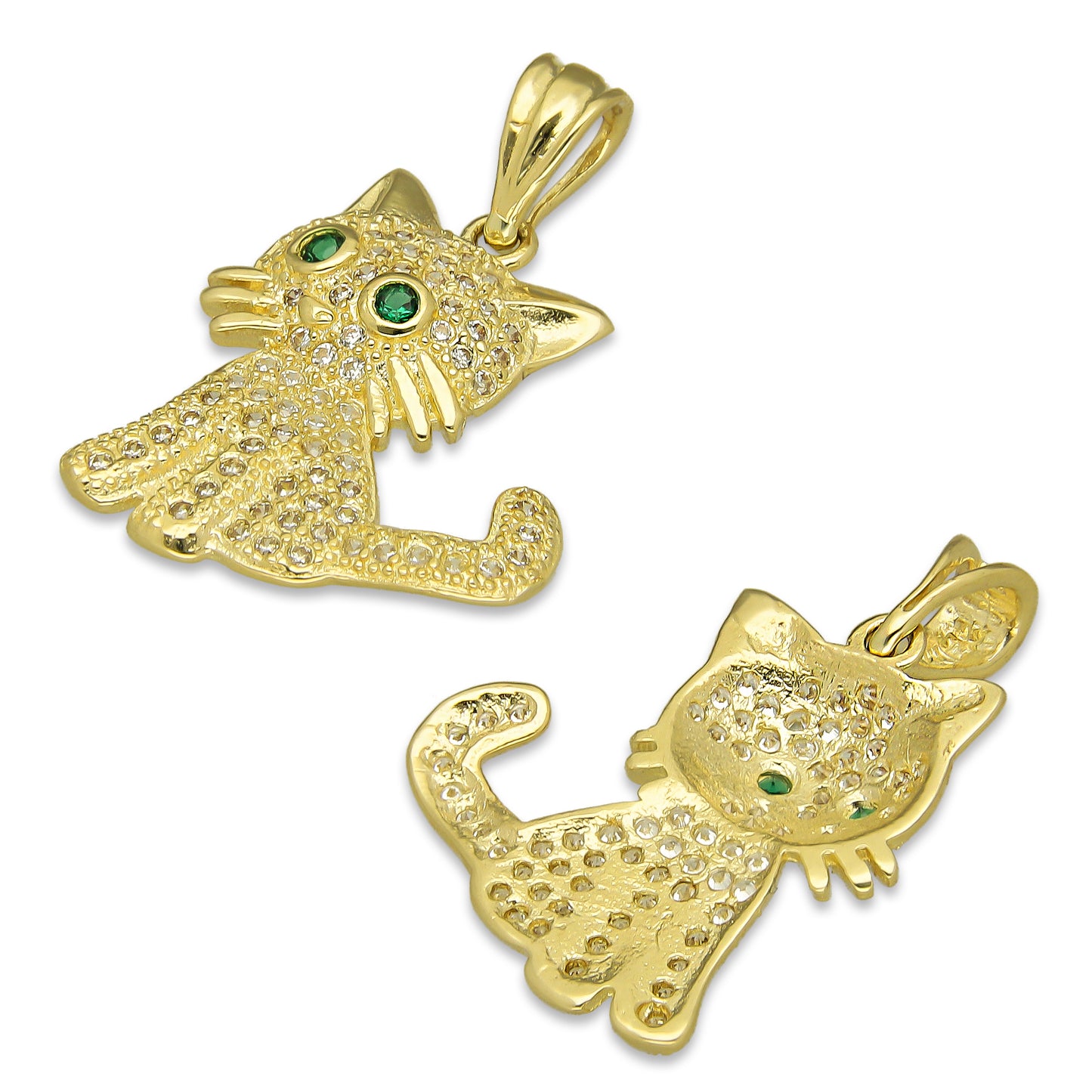 NR14DJ130 Dije Oro Sólido 14K Gato Ojos Verdes Pavé 1.9 cm x 2.5 cm