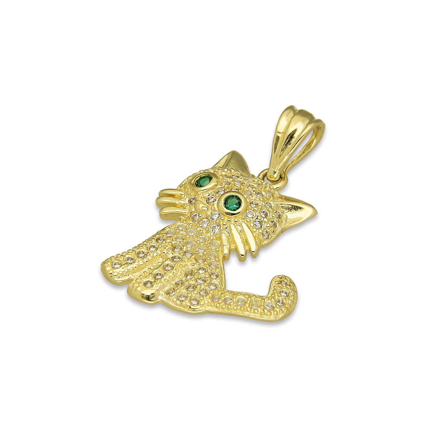 NR14DJ130 Dije Oro Sólido 14K Gato Ojos Verdes Pavé 1.9 cm x 2.5 cm