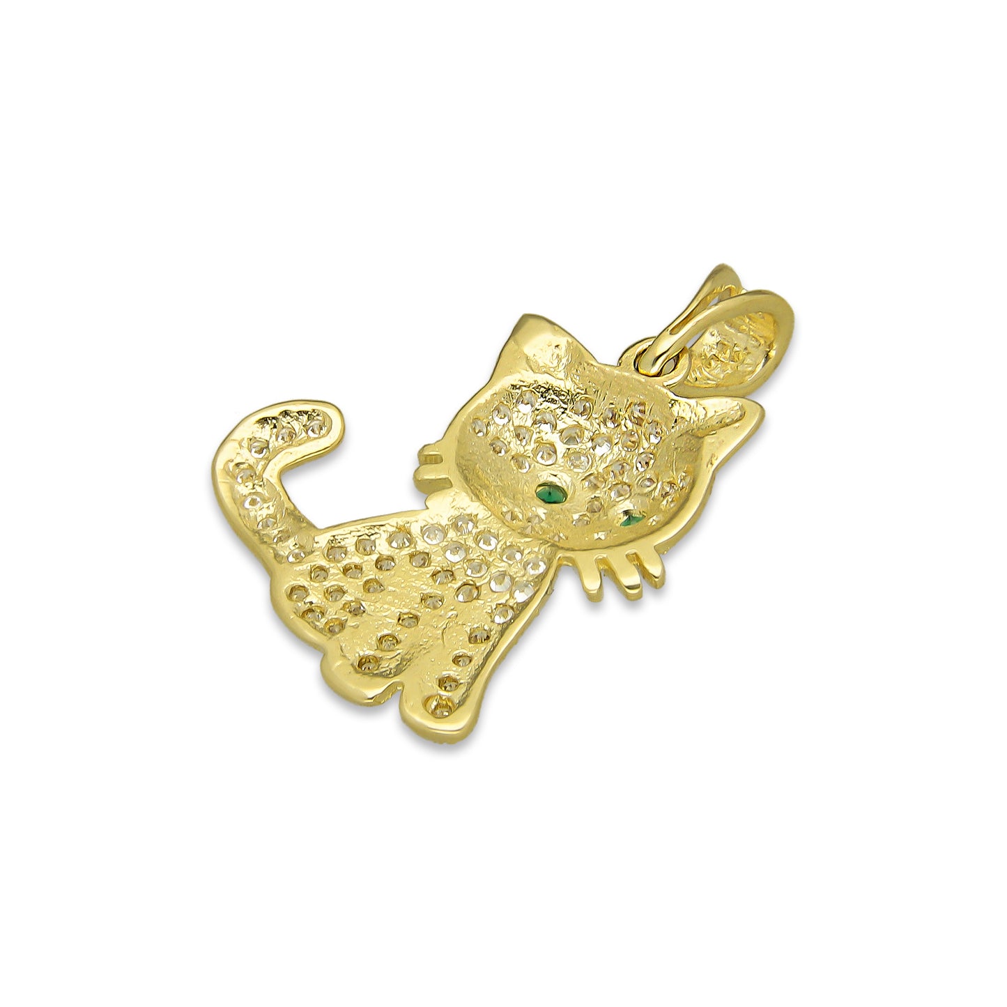 NR14DJ130 Dije Oro Sólido 14K Gato Ojos Verdes Pavé 1.9 cm x 2.5 cm