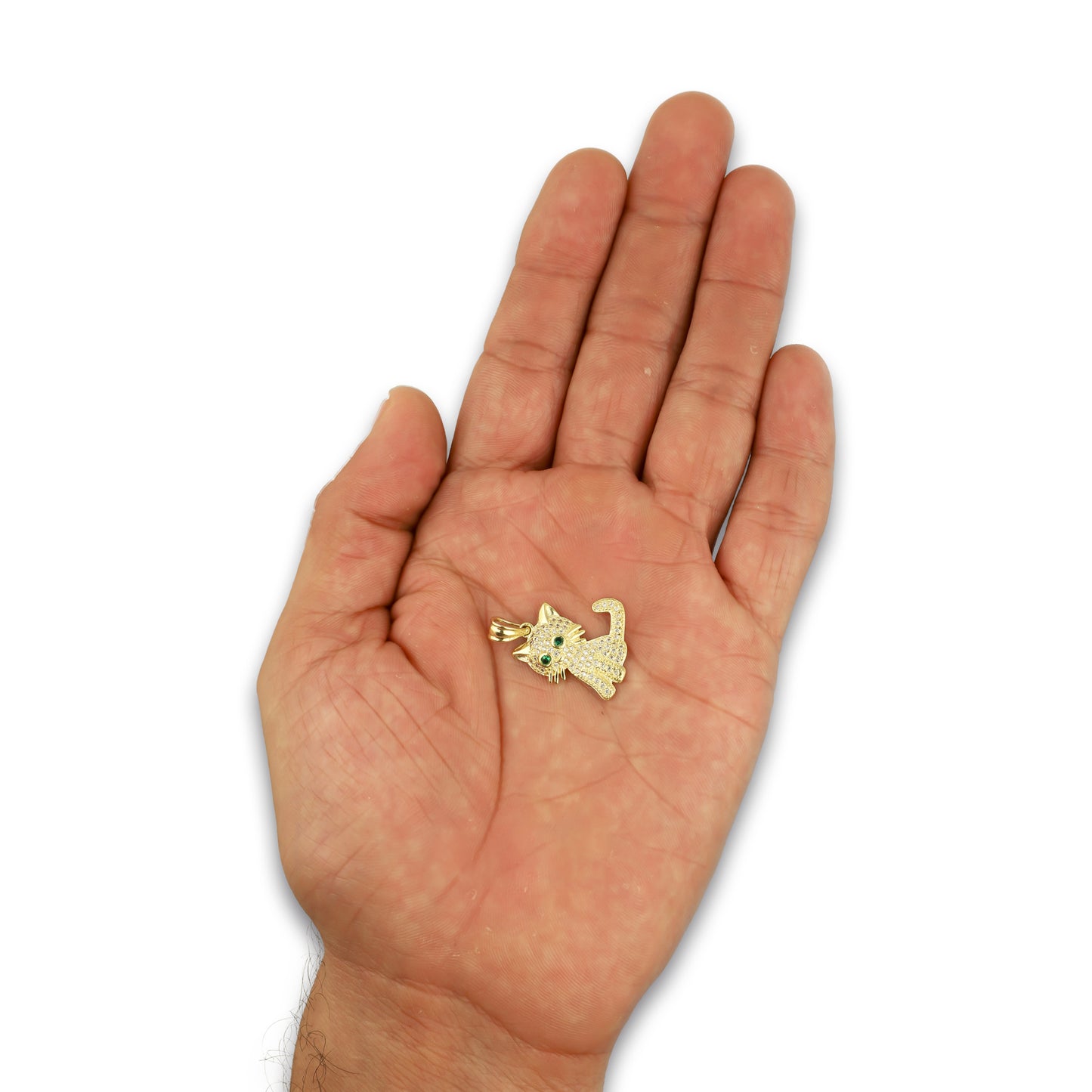 NR14DJ130 Dije Oro Sólido 14K Gato Ojos Verdes Pavé 1.9 cm x 2.5 cm