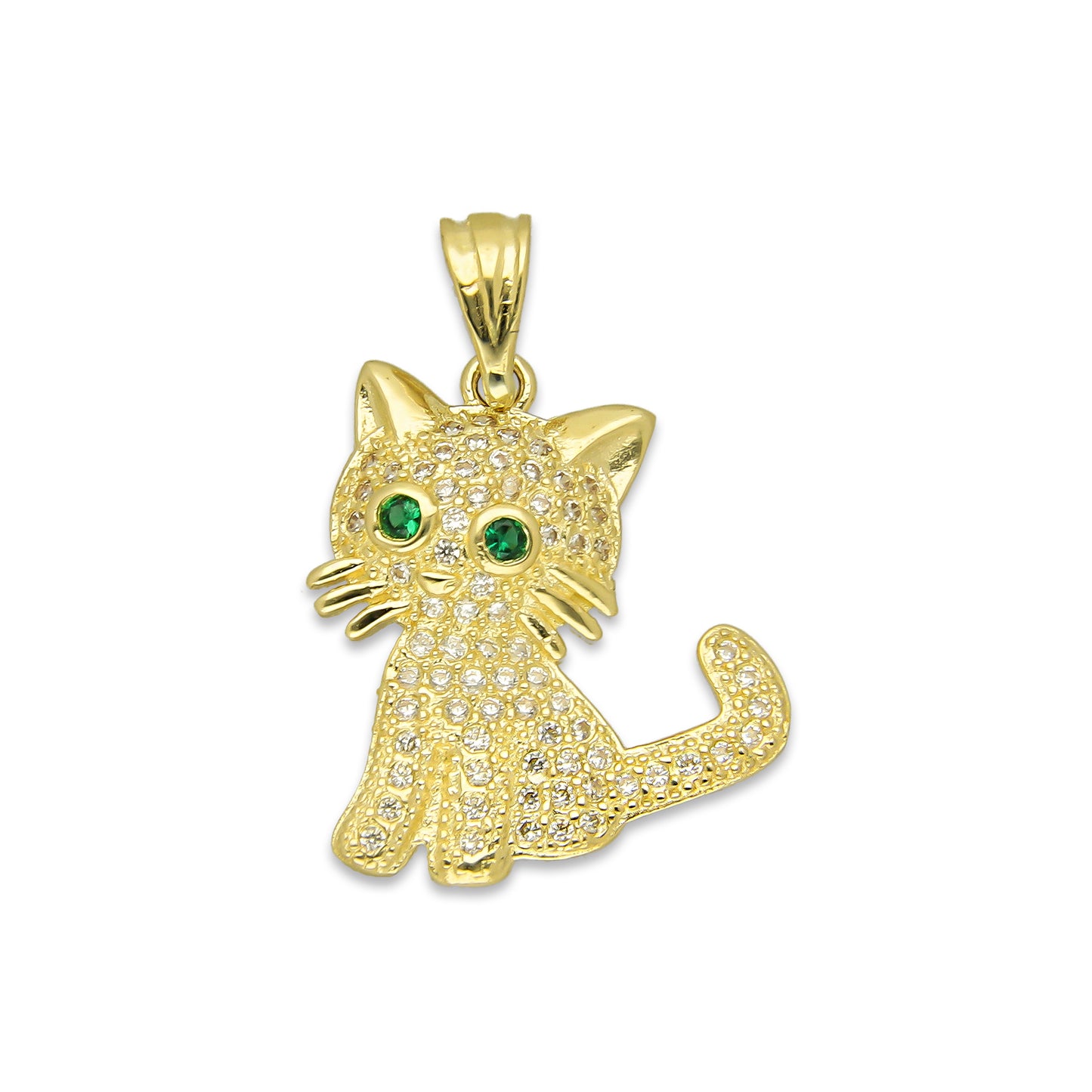 NR14DJ130 Dije Oro Sólido 14K Gato Ojos Verdes Pavé 1.9 cm x 2.5 cm