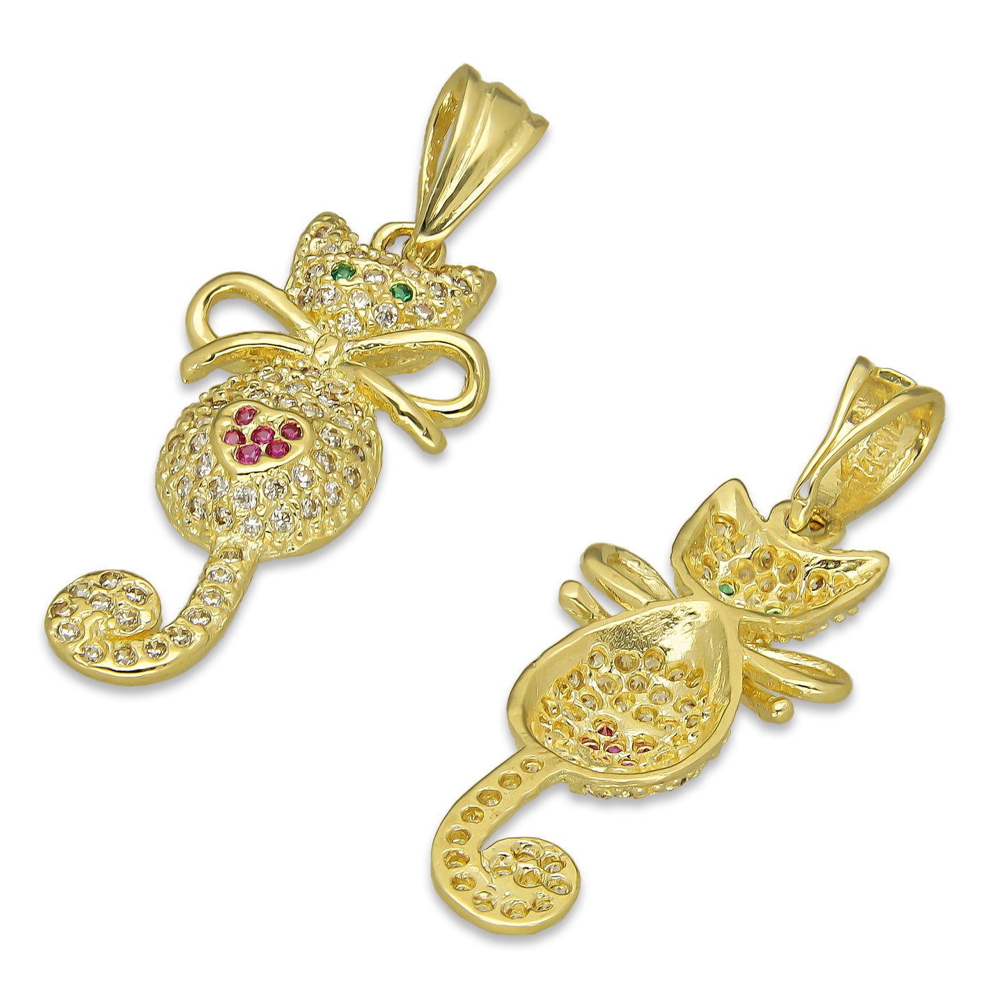 NR14DJ131 Dije Oro Sólido 14K Gato Cola Colgante con Moño Pavé 1.3 cm x 3.5 cm