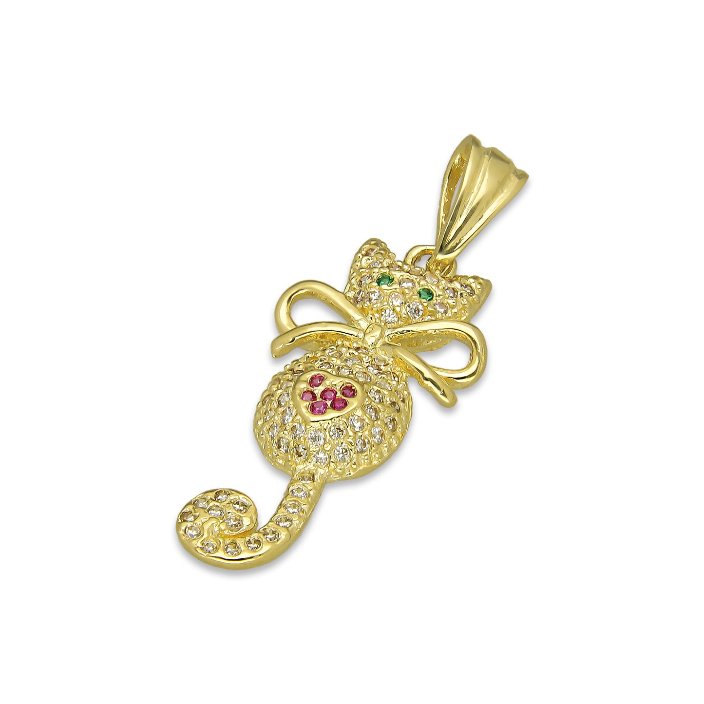 NR14DJ131 Dije Oro Sólido 14K Gato Cola Colgante con Moño Pavé 1.3 cm x 3.5 cm