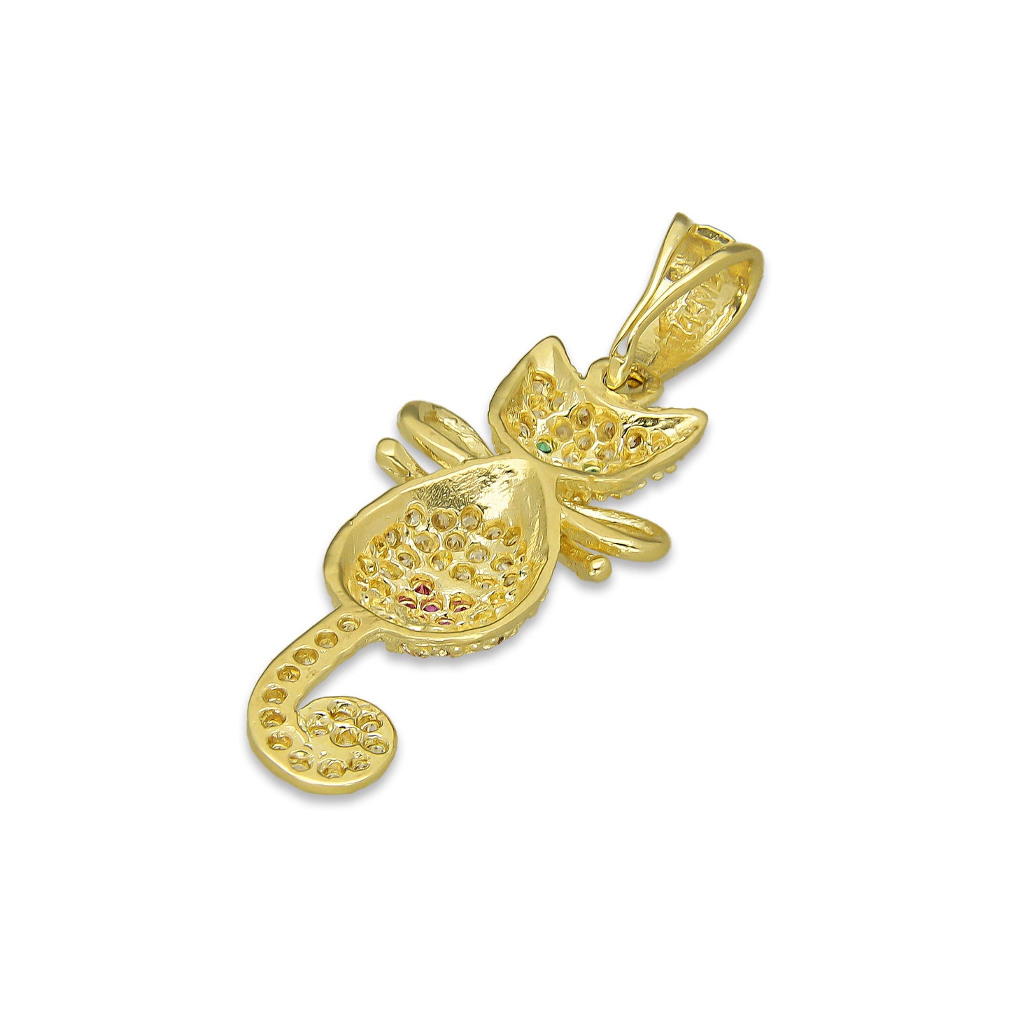 NR14DJ131 Dije Oro Sólido 14K Gato Cola Colgante con Moño Pavé 1.3 cm x 3.5 cm