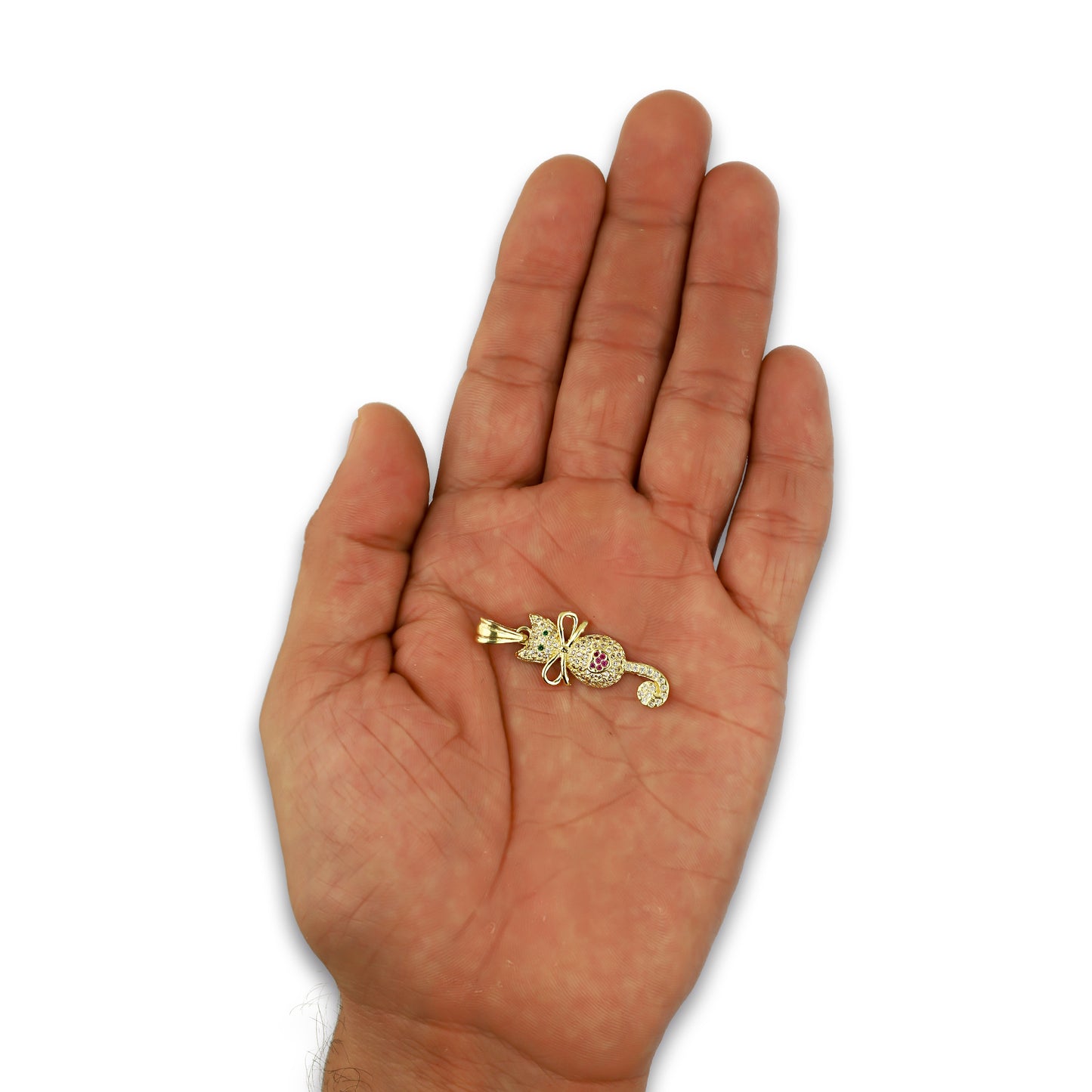 NR14DJ131 Dije Oro Sólido 14K Gato Cola Colgante con Moño Pavé 1.3 cm x 3.5 cm