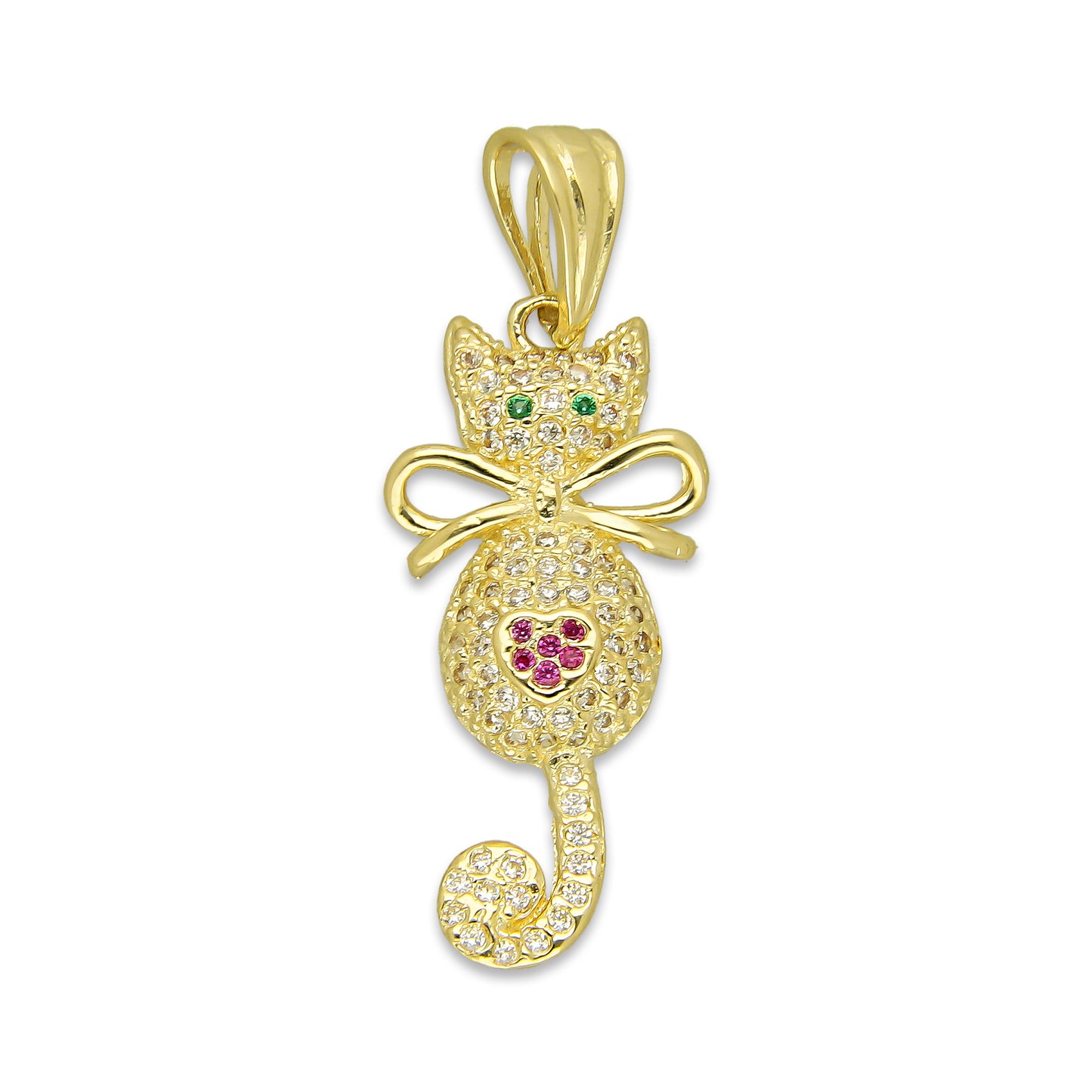 NR14DJ131 Dije Oro Sólido 14K Gato Cola Colgante con Moño Pavé 1.3 cm x 3.5 cm