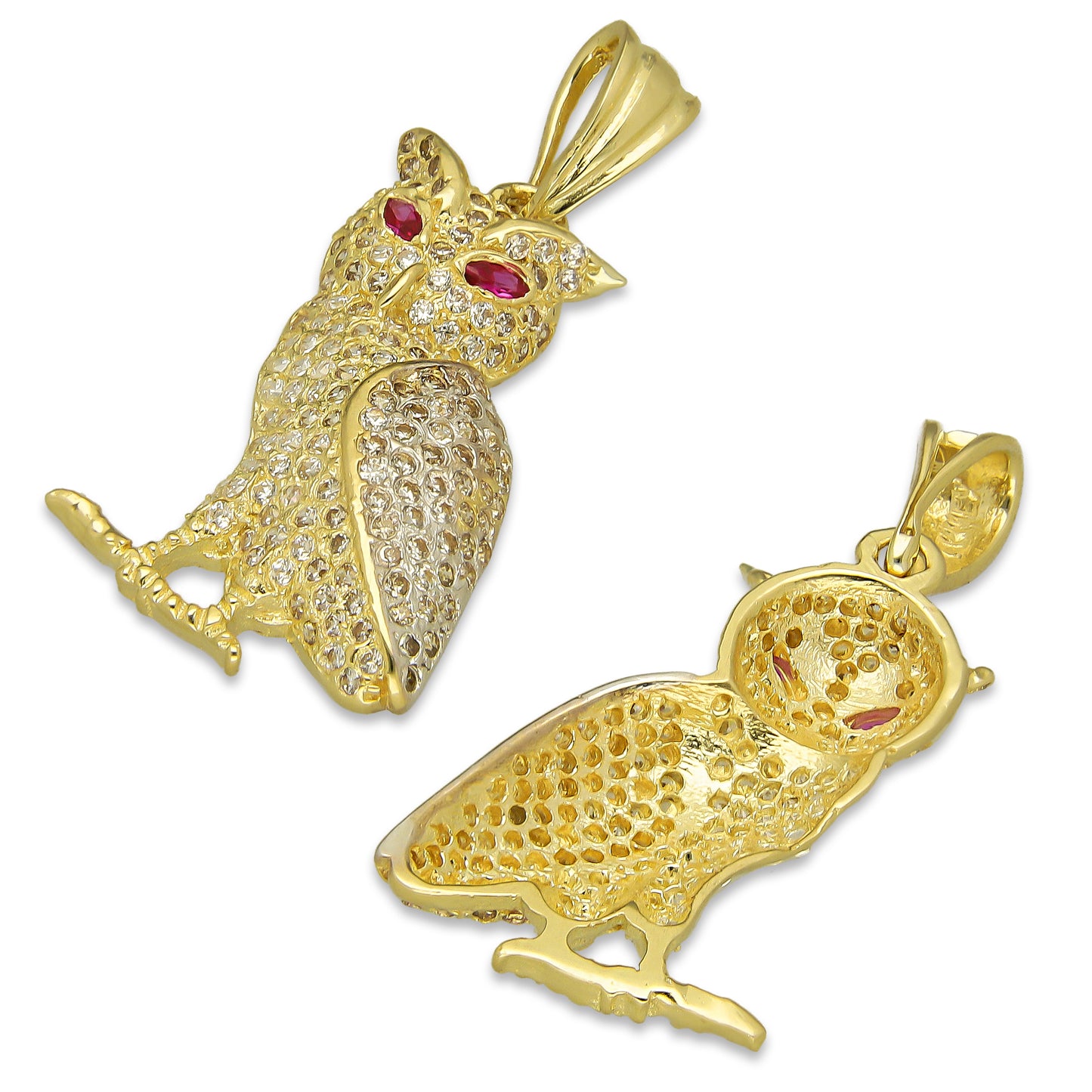 NR14DJ132 Dije Oro Sólido 14K Búho Ojos Rojos Semilla 1.7 cm x 3.2 cm