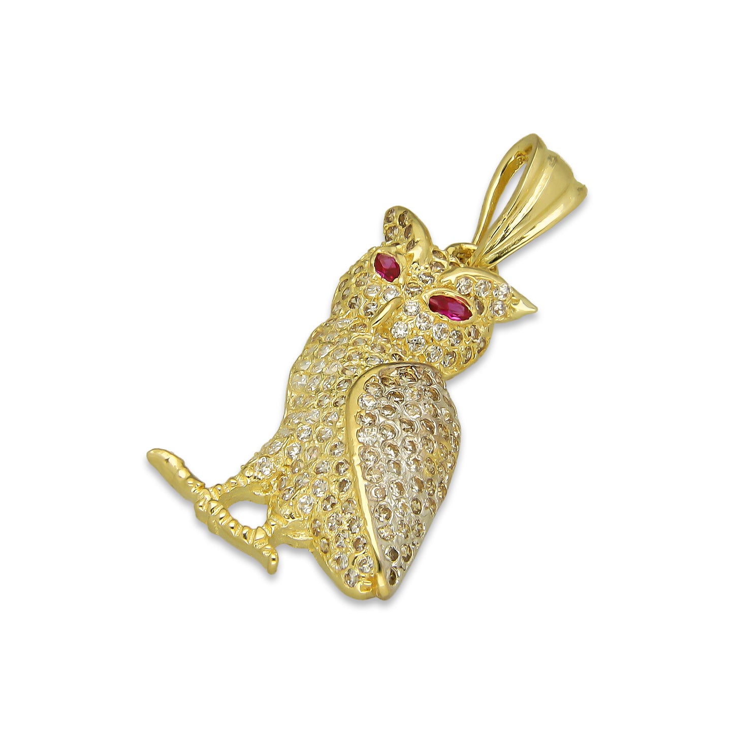 NR14DJ132 Dije Oro Sólido 14K Búho Ojos Rojos Semilla 1.7 cm x 3.2 cm