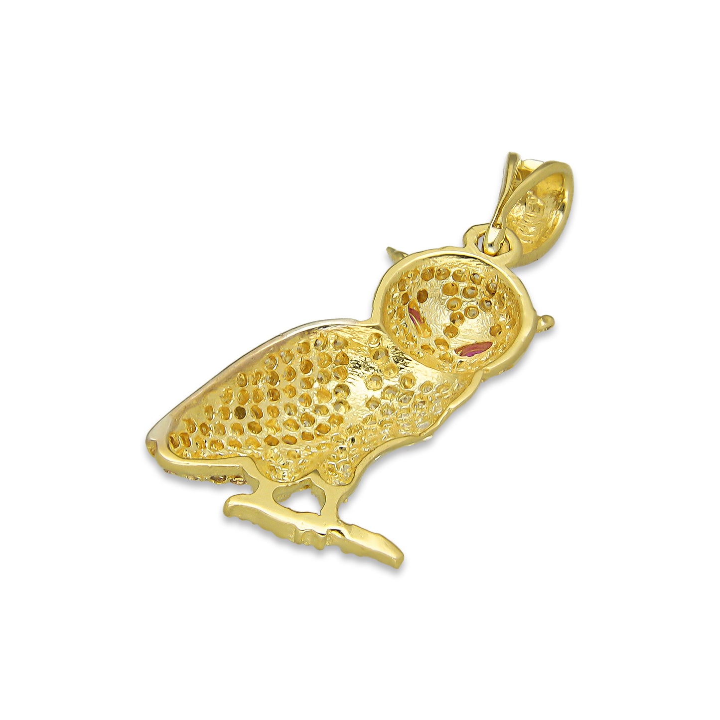 NR14DJ132 Dije Oro Sólido 14K Búho Ojos Rojos Semilla 1.7 cm x 3.2 cm