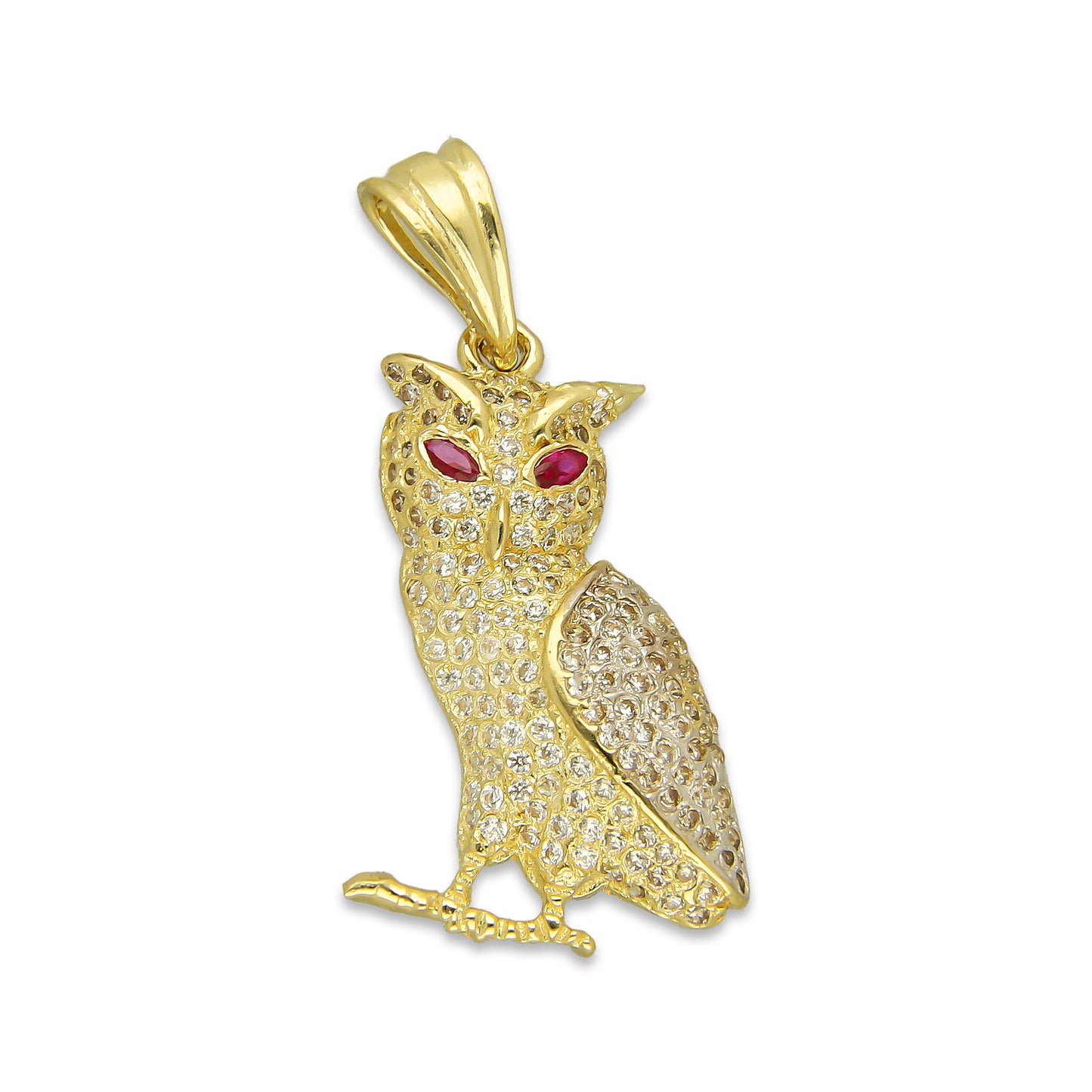 NR14DJ132 Dije Oro Sólido 14K Búho Ojos Rojos Semilla 1.7 cm x 3.2 cm