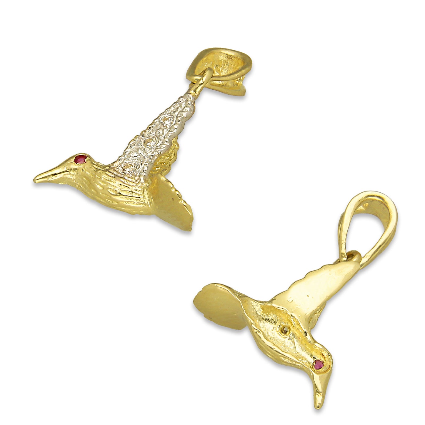 NR14DJ142 Dije Oro Sólido 14K Colibrí Alas Blancas 1.5 cm x 2.1 cm
