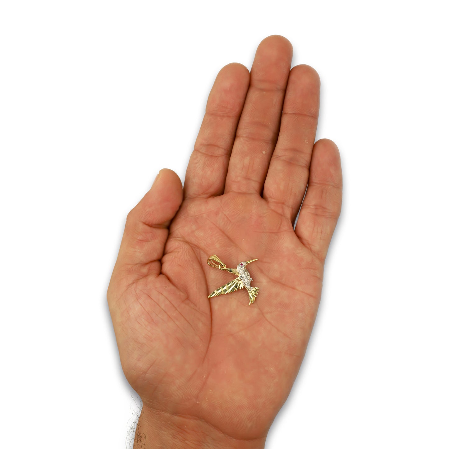 NR14DJ144 Dije Oro Sólido 14K Colibrí Alas y Cola Diamantada Blanco 2.5 cm x 2.5 cm