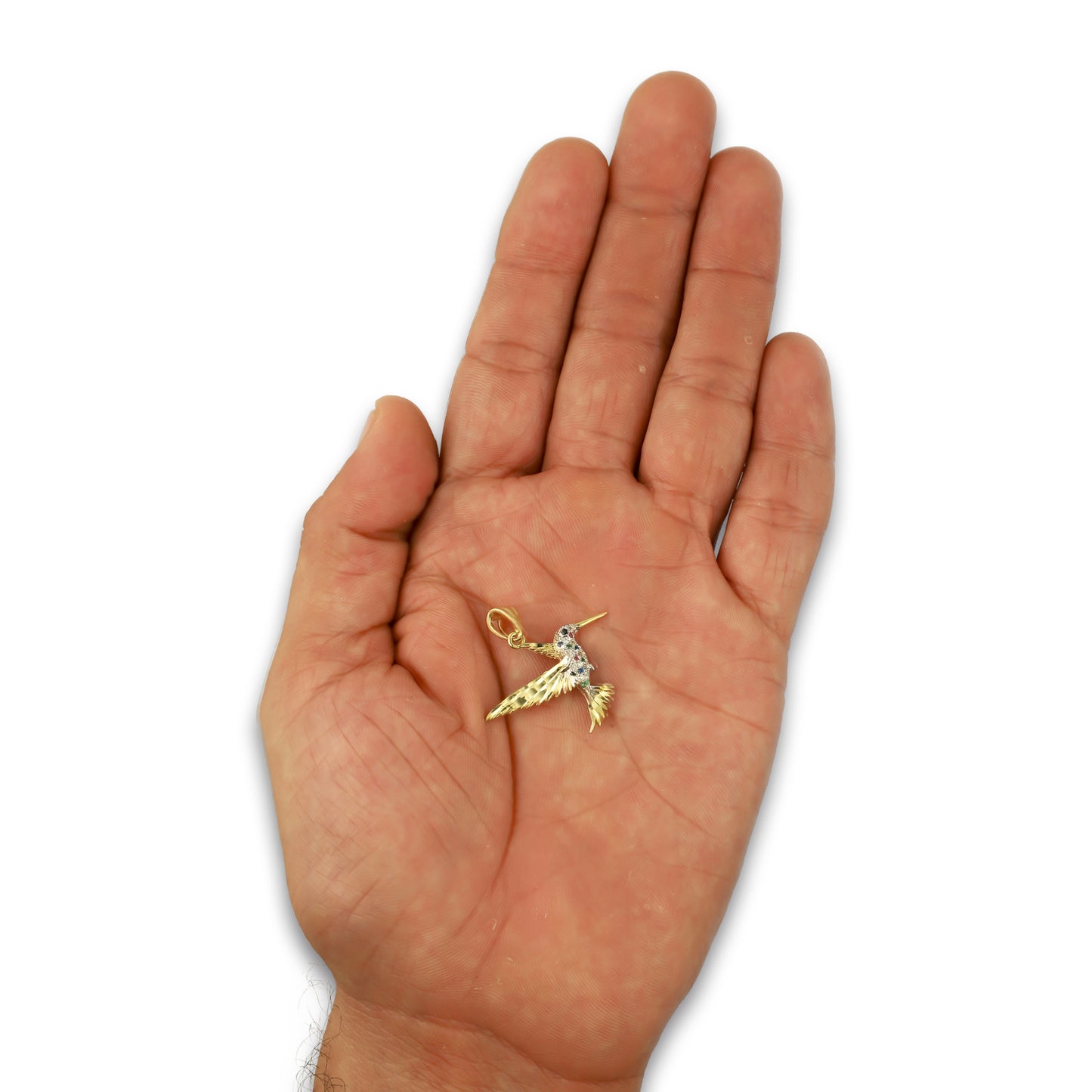 NR14DJ145 Dije Oro Sólido 14K Colibrí Alas y Cola Diamantada Multicolor 2.5 cm x 2.5 cm