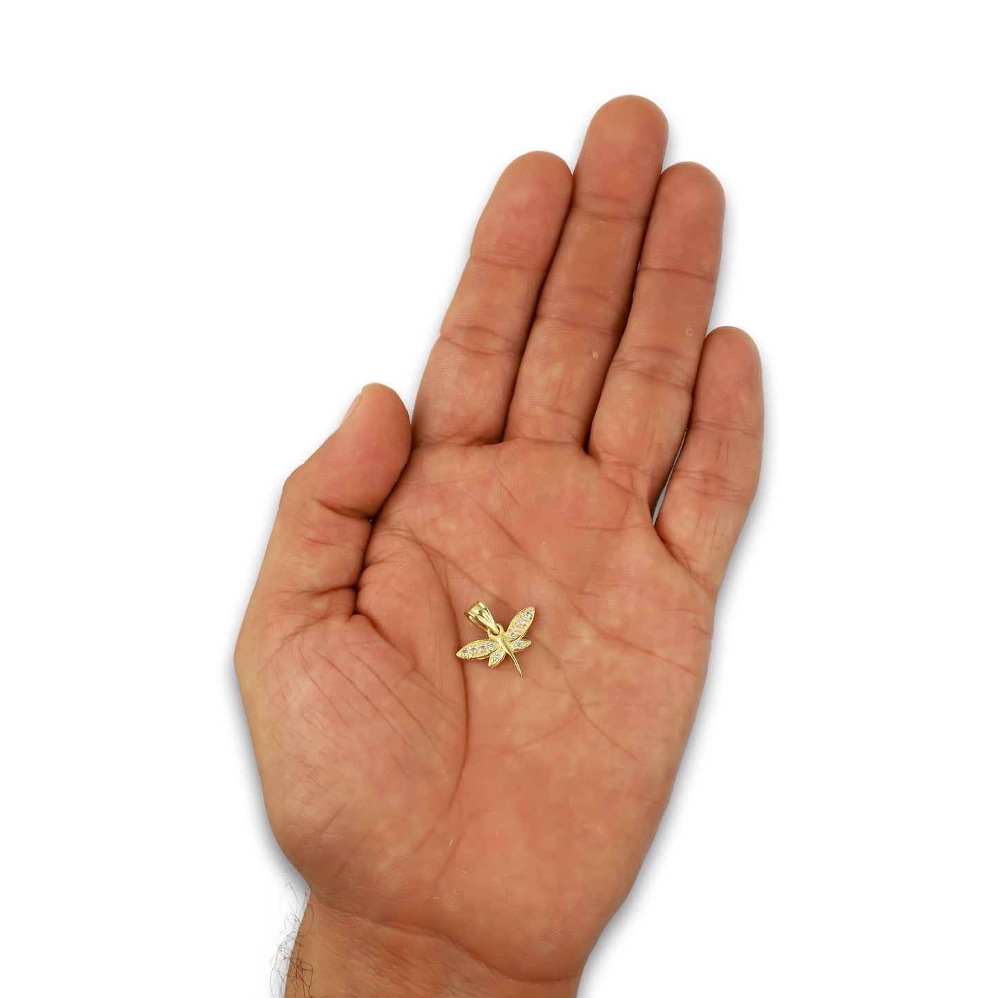 NR14DJ147 Dije Oro Sólido 14K Libélula Centro Liso con Zirconias 1.7 cm x 1.7 cm