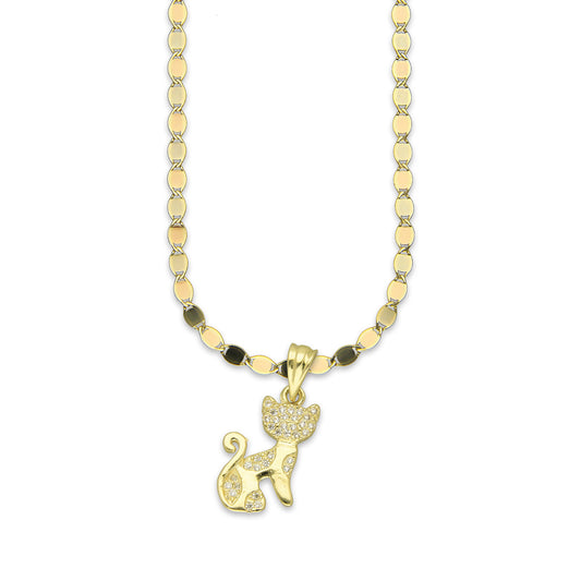 NR14DP032 Cadena Oro Sólido 10K + Dije Oro Sólido 14K Gato Manchas Con Zirconias 1.2 cm x 2.3 cm