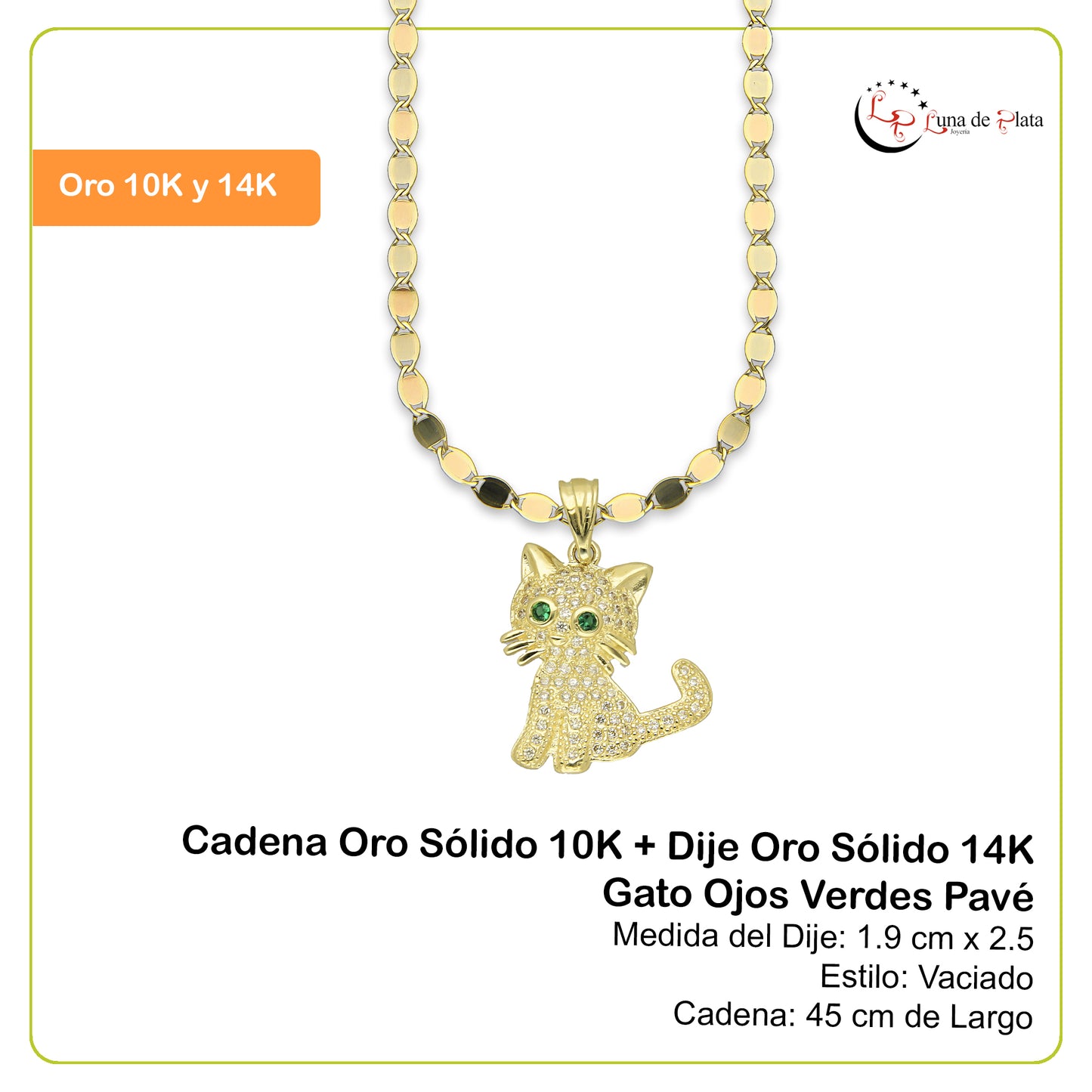 NR14DP033 Cadena Oro Sólido 10K + Dije Oro Sólido 14K Gato Ojos Verdes Pavé 1.9 cm x 2.5 cm