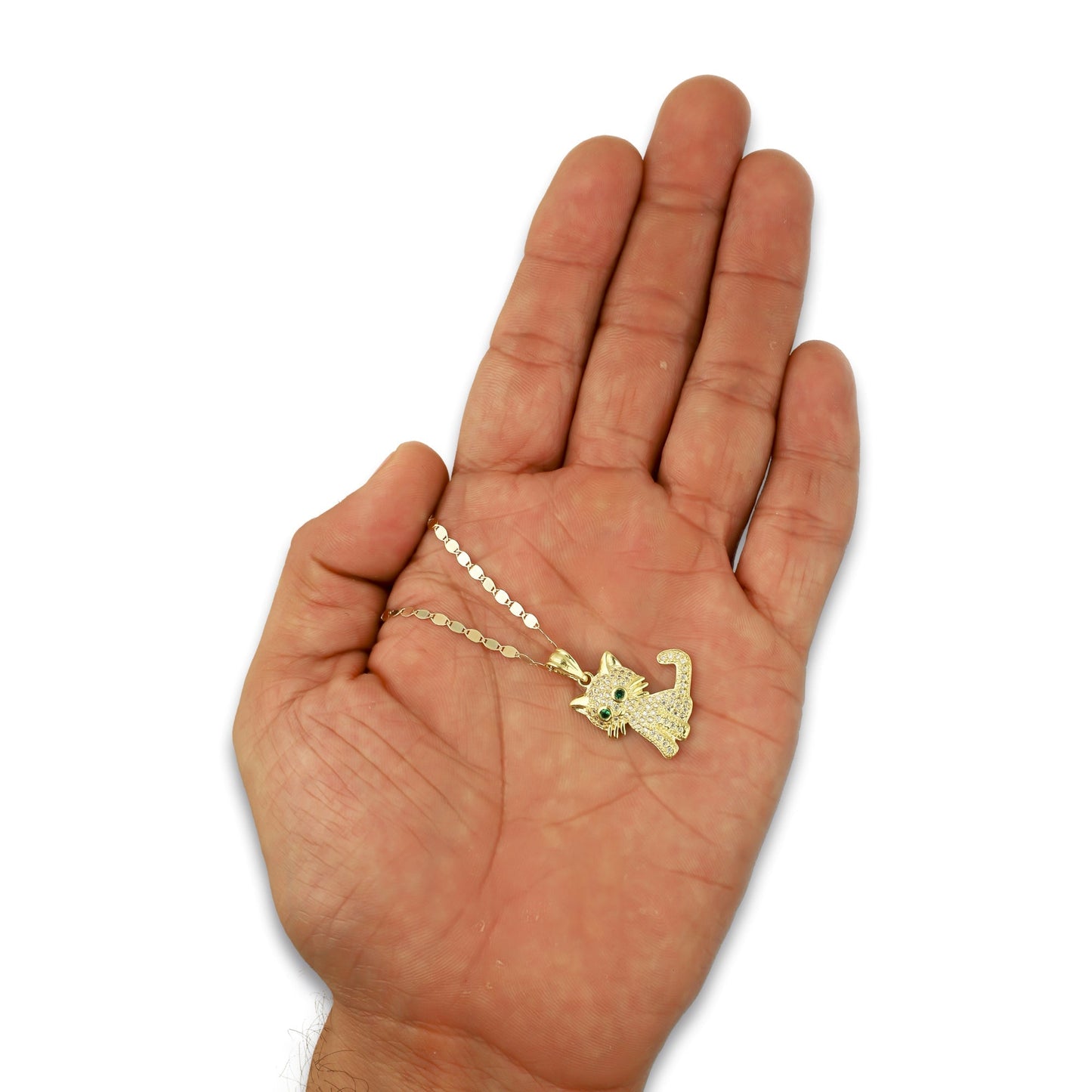 NR14DP033 Cadena Oro Sólido 10K + Dije Oro Sólido 14K Gato Ojos Verdes Pavé 1.9 cm x 2.5 cm