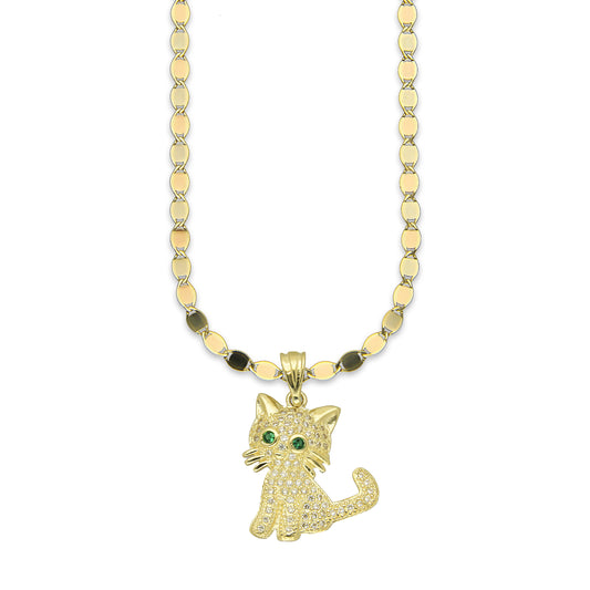 NR14DP033 Cadena Oro Sólido 10K + Dije Oro Sólido 14K Gato Ojos Verdes Pavé 1.9 cm x 2.5 cm
