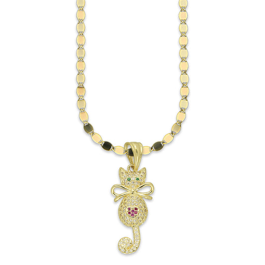 NR14DP034 Cadena Oro Sólido 10K + Dije Oro Sólido 14K Gato Cola Colgante con Moño Pavé 1.3 cm x 3.5 cm
