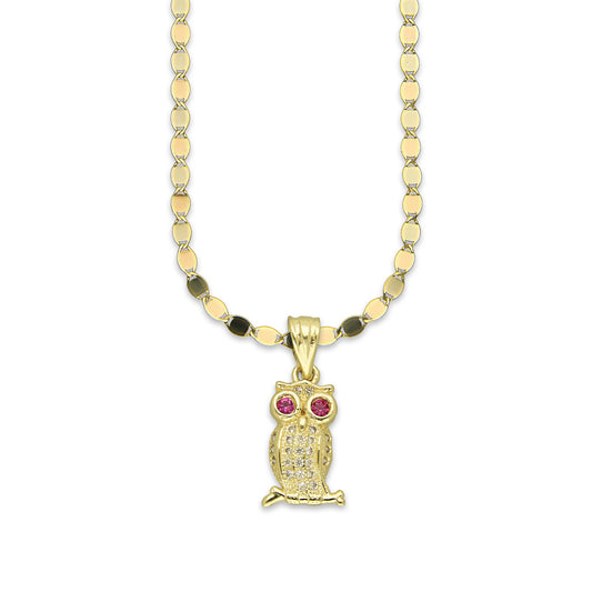 NR14DP036 Cadena Oro Sólido 10K + Dije Oro Sólido 14K Búho Mini Ojos Bisel .9 cm x 2 cm