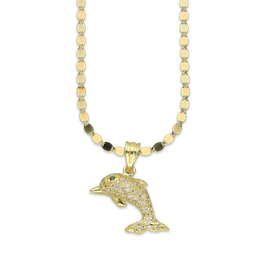 NR14DP037 Cadena Oro Sólido 10K + Dije Oro Sólido 14K Delfin Pavé 2 cm x 2.3 cm