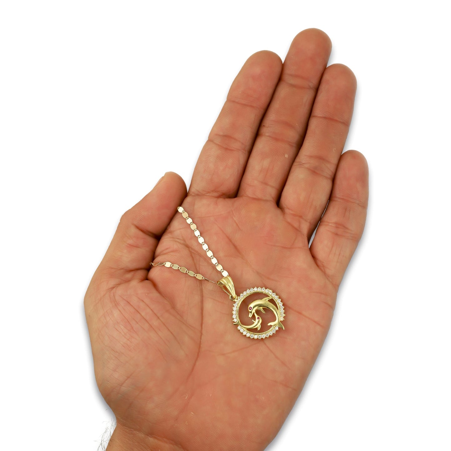 NR14DP038 Cadena Oro Sólido 10K + Dije Oro Sólido 14K Delfines Círculo Yin Yang 2 cm x 3 cm