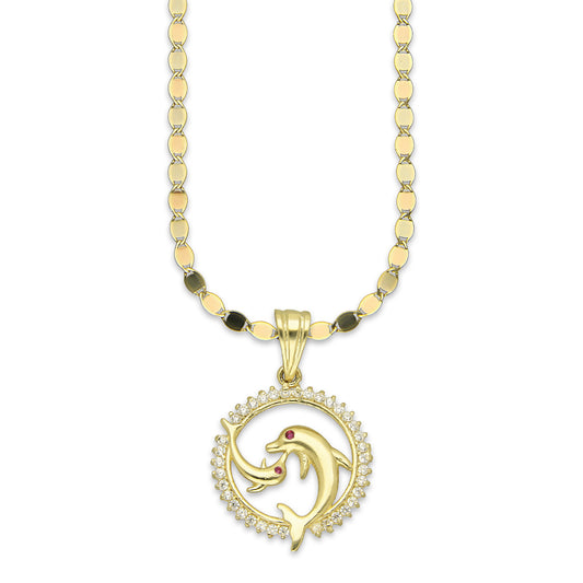 NR14DP038 Cadena Oro Sólido 10K + Dije Oro Sólido 14K Delfines Círculo Yin Yang 2 cm x 3 cm